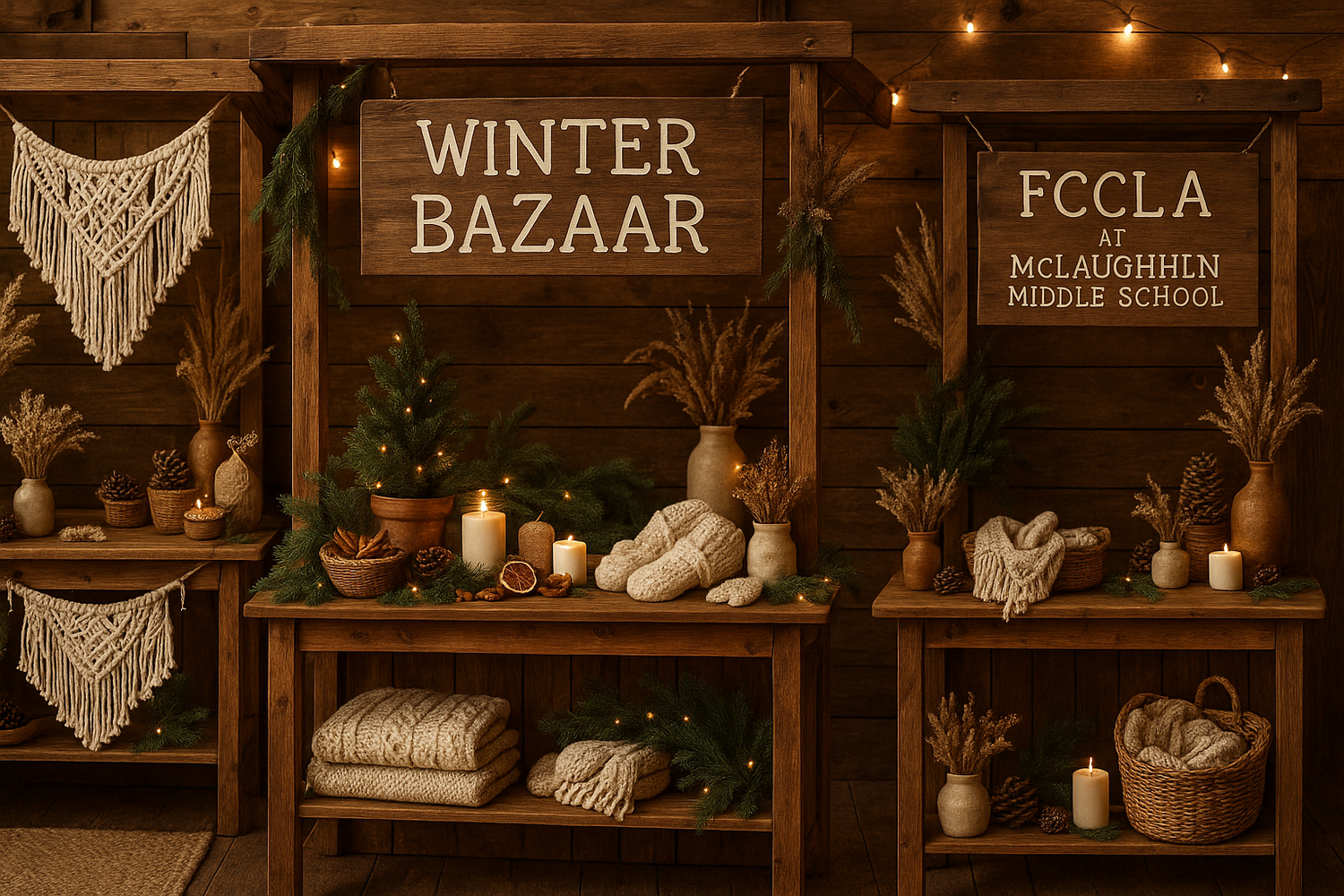 bohemian style Winter Bazaar for FCCLA at McLaughlin Middle School. Using wood tones